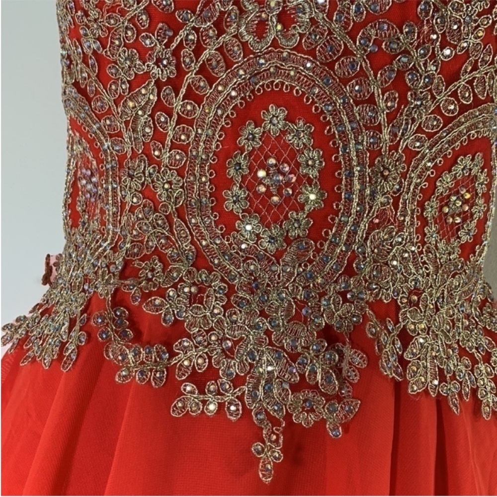 Red Strapless Tulle Party Dress with Gold Embellished Bodice. 4. NWT. - Picture 7 of 13